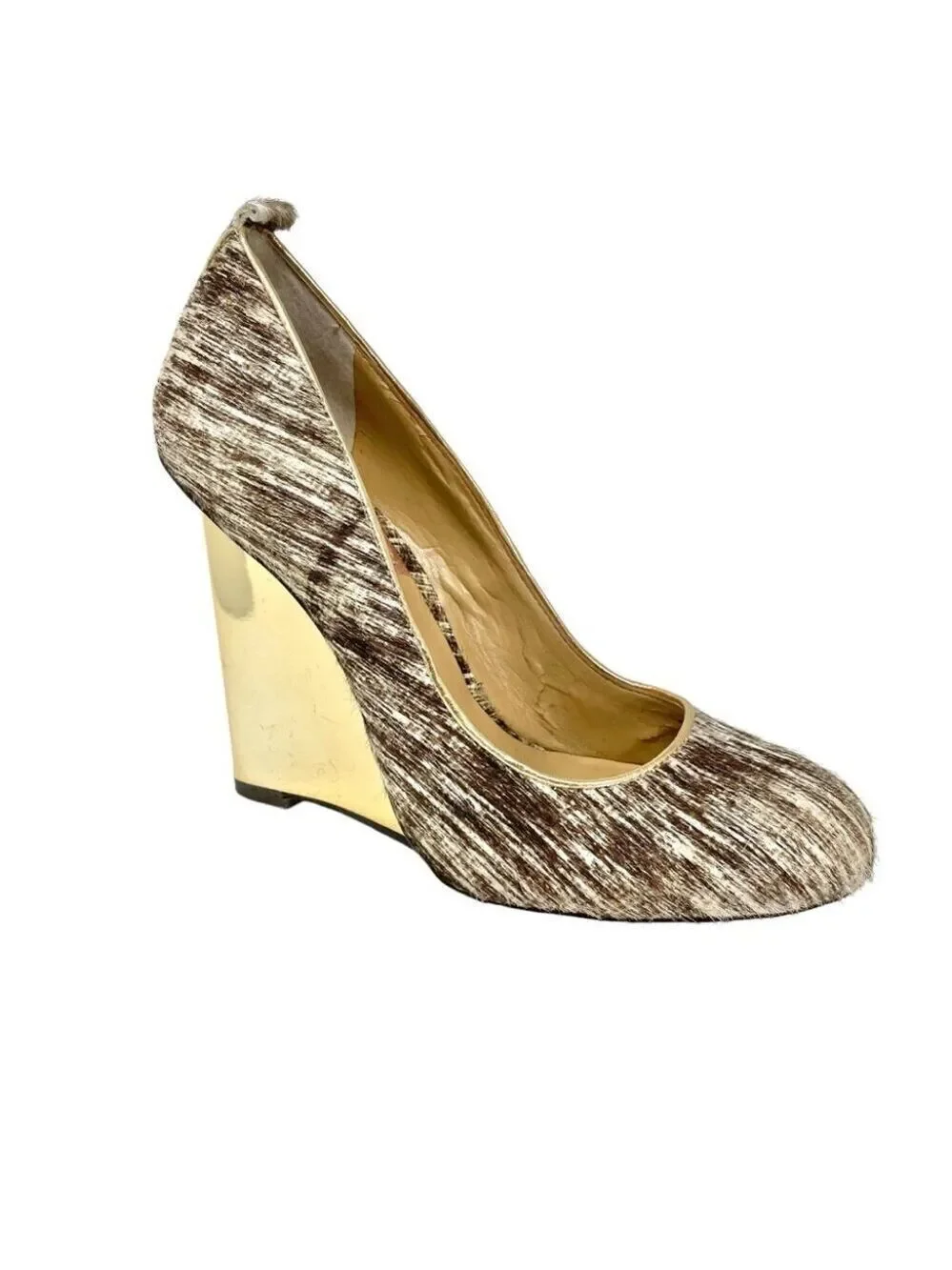 BCBG MaxAzria Ma-Valletta Calfhair and Gold Wedge Heels US 7
